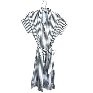 TALBOTS Nautical Stripe Shirt Dress Fit & Flare Cotton Belted Size 10 Pockets